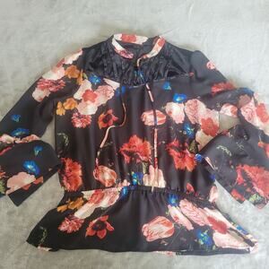 Women's Floral Print Long Flair Sleeve Blouse Size XL Velvet Sheer Dark Romantic
